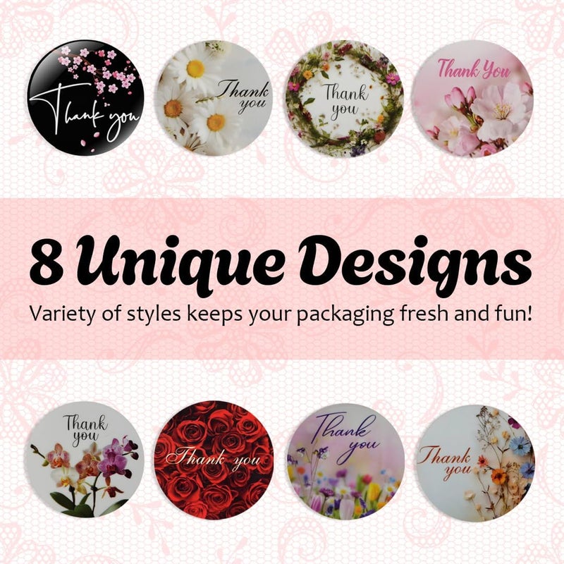 IBAKE 500 Thank You Stickers – 1.5" Round Labels (8 Unique Designs) for Small Business, Packaging, Envelopes, Gift Bags, Bakery Orders – Self-Adhesive Waterproof Thank You Sticker Roll - Image 3